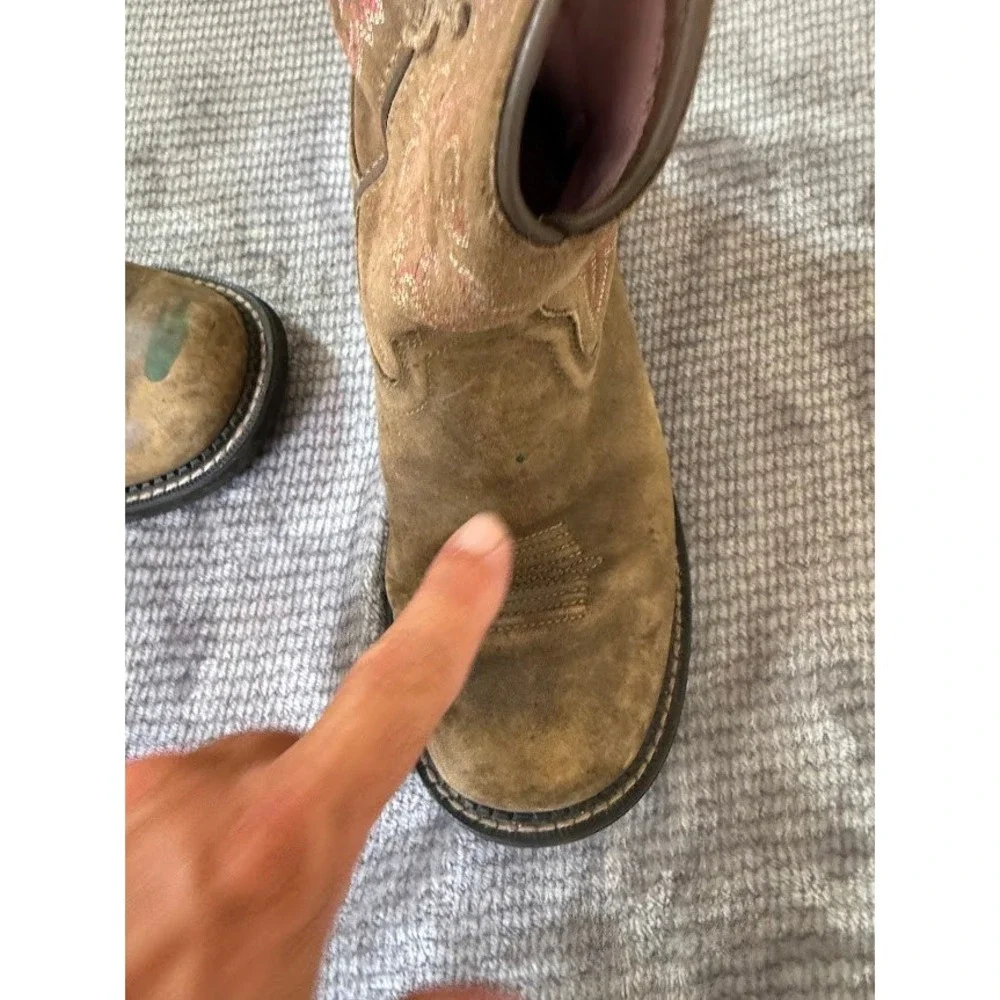 Ariat Girls Fatbaby Brown Leather Pink Embroidery Western Cowboy Boots Round Toe